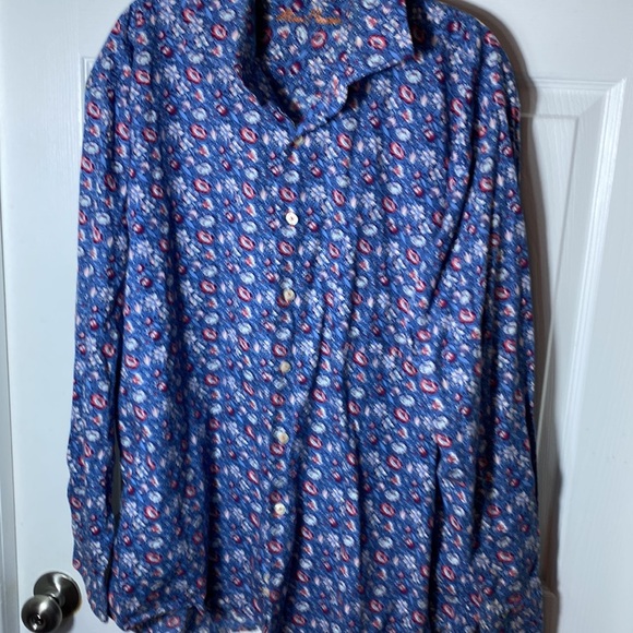 Alan Flusser Men Shirt XL Allover Floral Print Blue Pink Button Up 100% Cotton - Picture 3 of 8